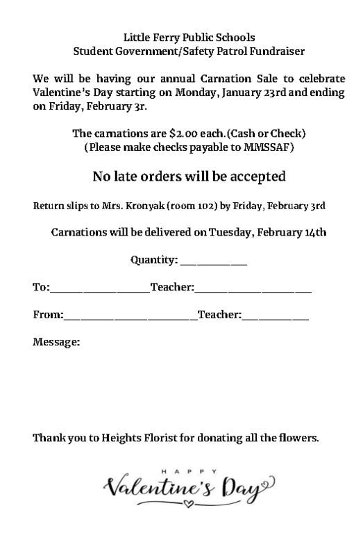 Student Government/Safety Patrol Fundraiser Carnation Sale
